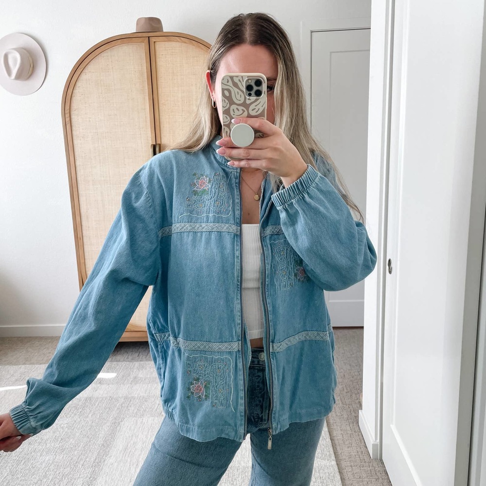 VINTAGE TEDDI Denim Full Zip Floral Embroidered Jean Jacket